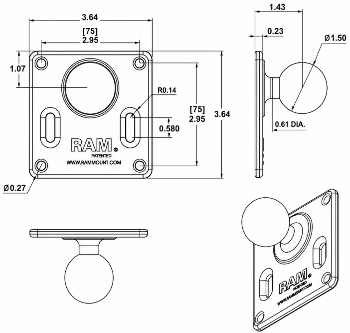 RAM 75mm VESA PLATE C-SIZE BALL